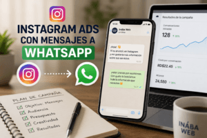 Persona creando una campaña de Instagram Ads con mensajes dirigidos a WhatsApp Business desde Meta Ads.