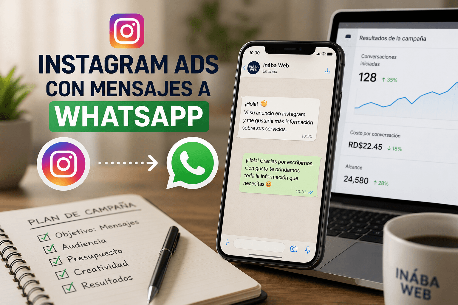 Persona creando una campaña de Instagram Ads con mensajes dirigidos a WhatsApp Business desde Meta Ads.