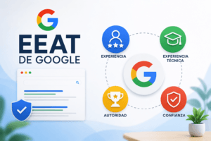 Ilustración del concepto EEAT de Google que representa experiencia, experiencia técnica, autoridad y confianza como pilares de la calidad del contenido para SEO.