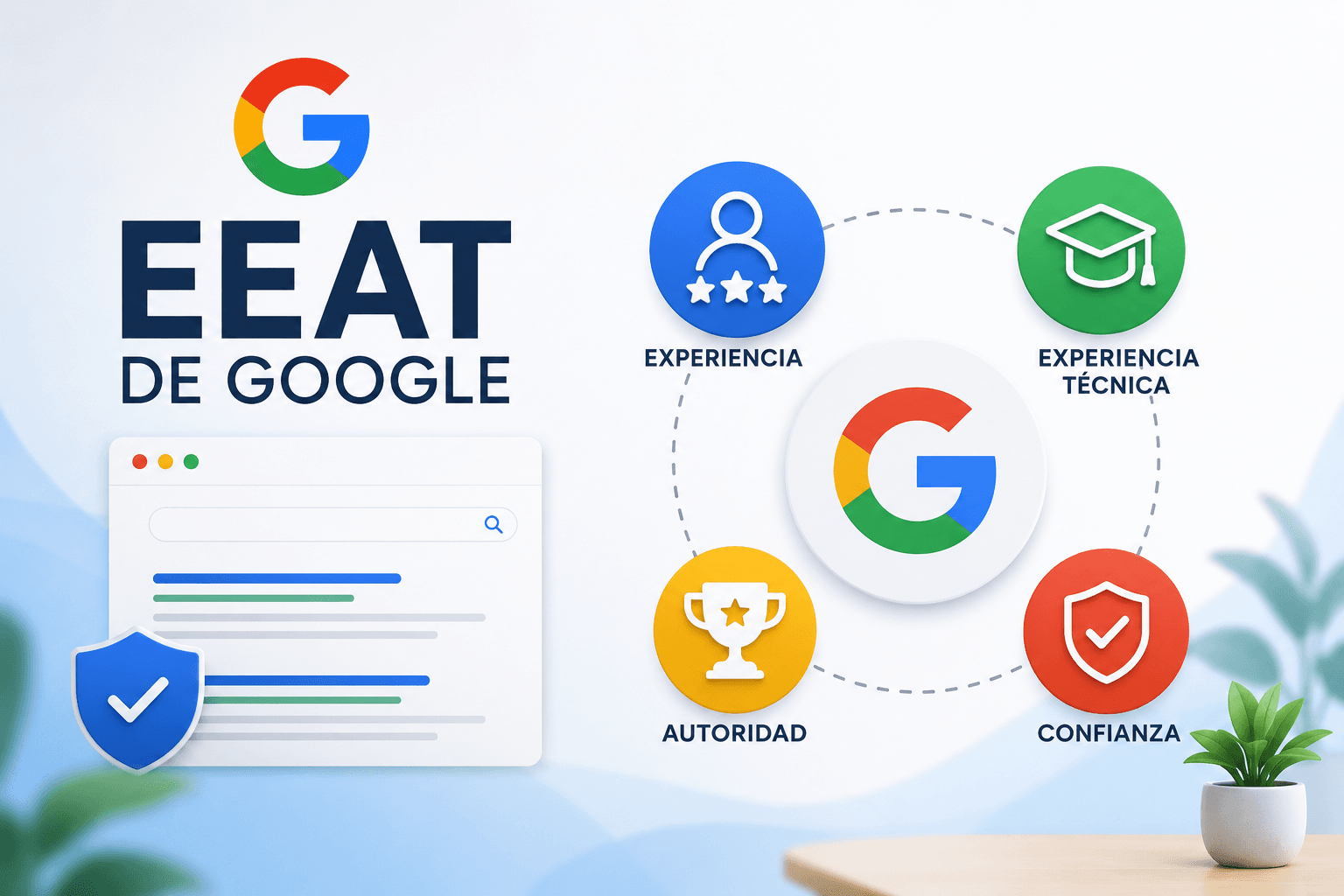 Ilustración del concepto EEAT de Google que representa experiencia, experiencia técnica, autoridad y confianza como pilares de la calidad del contenido para SEO.